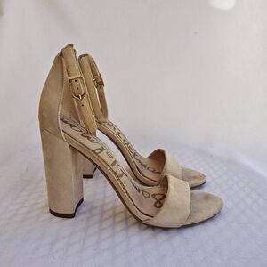 Sam‎ Edelman Yaro Block Heels Open Toe Suede Tan Beige Pumps Size 6 36